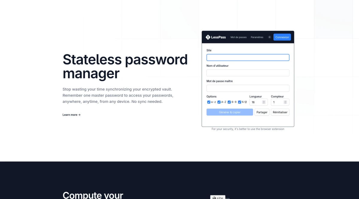 Lesspass, stateless password manager